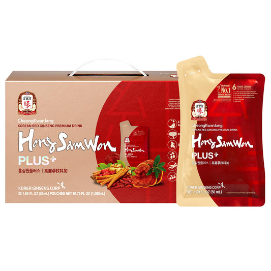 HongSamWon Plus Korean Red Ginseng Herbal Drink by JUNG KWAN JANG – Natural Energy Boost with Jujube & Reishi, Caffeine-Free (30 Pouches)