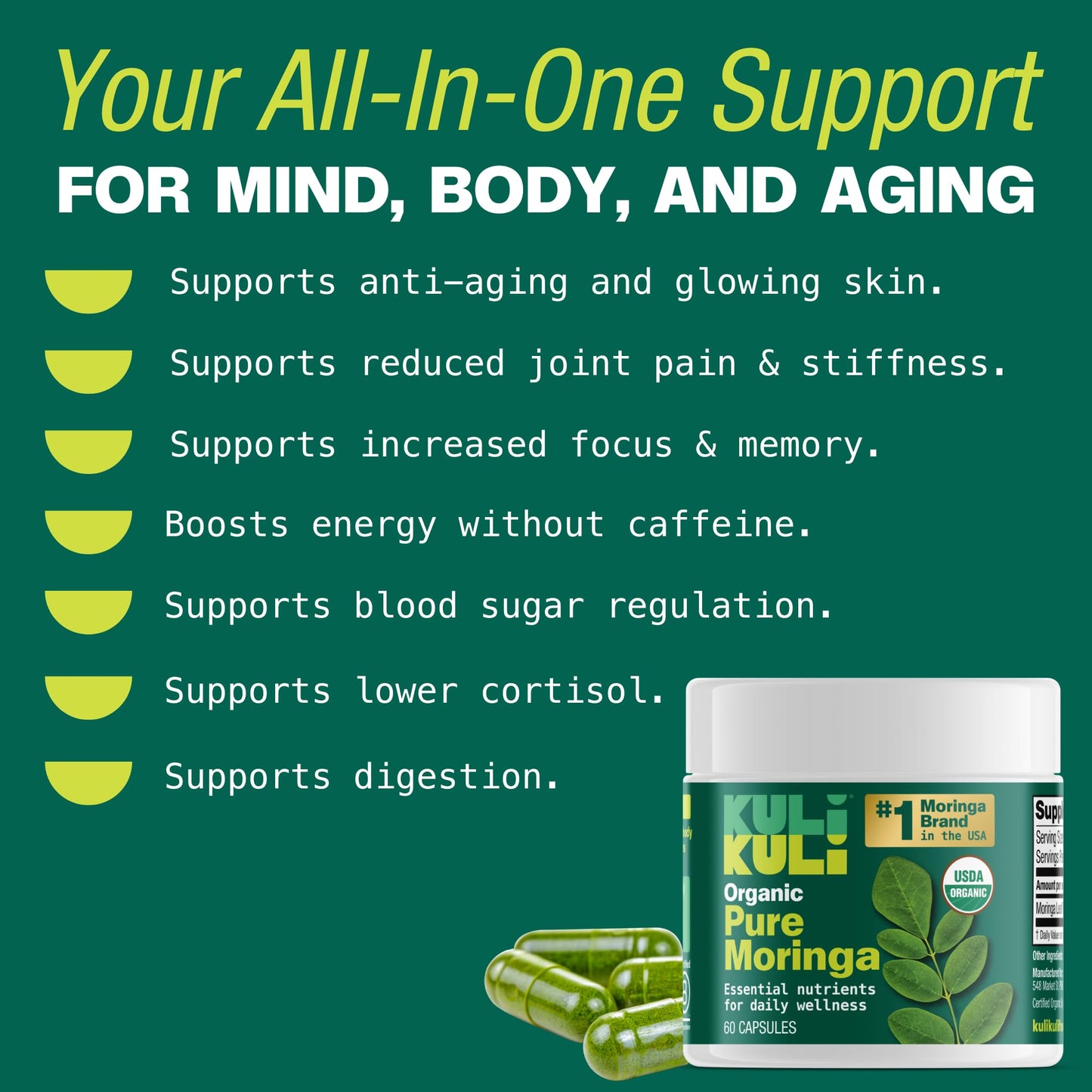 Kuli Kuli Organic Moringa – Superfood Capsules for Energy & Vitality (60 ct)