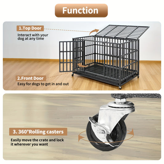 48" XXL Heavy-Duty Dog Crate Escape-Proof Double Door w/ Wheels & Tray