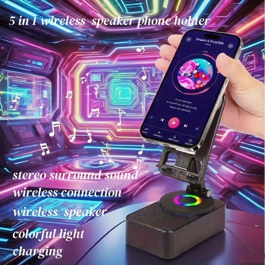Portable 5-in-1 Wireless Speaker with Phone Holder, 1500mAh, Stereo Sound, Adjustable USB Desktop Stand