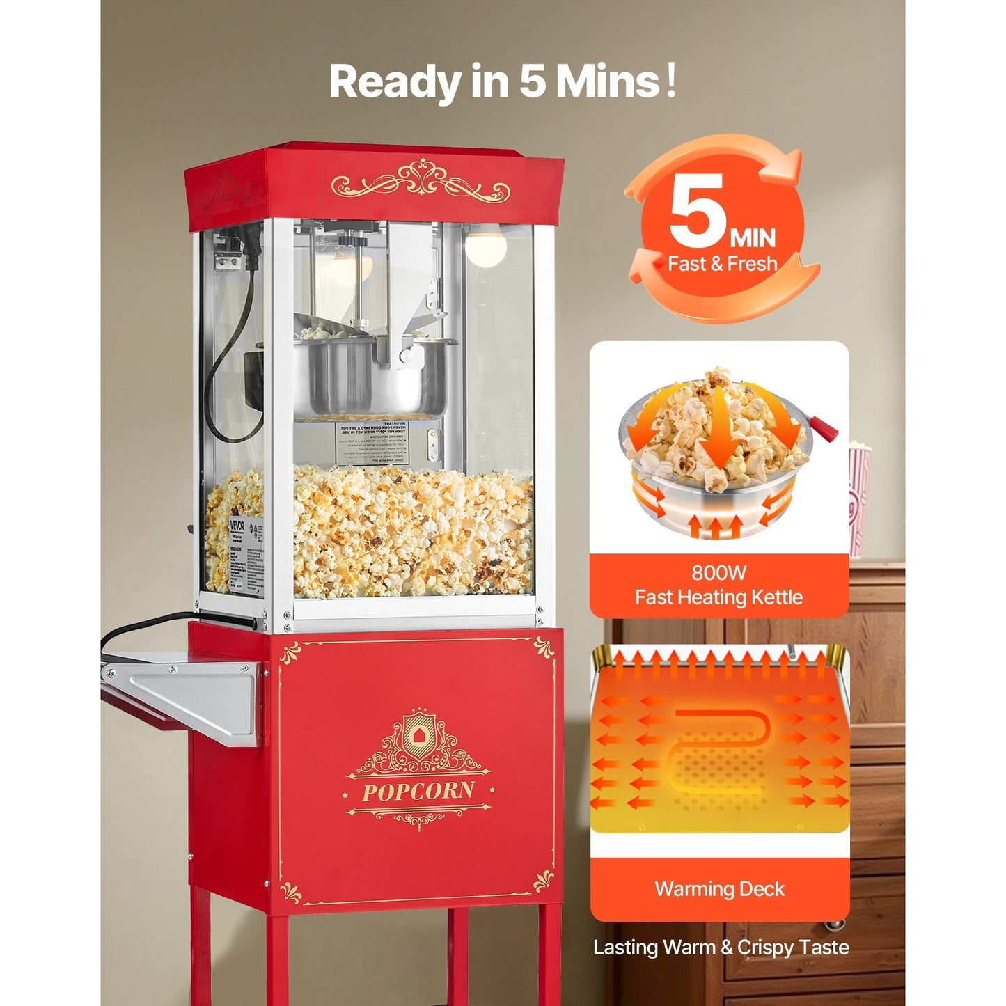 VEVOR Popcorn Machine with Cart 800W 8oz Kettle Maker 48 Cups Black/Red/White