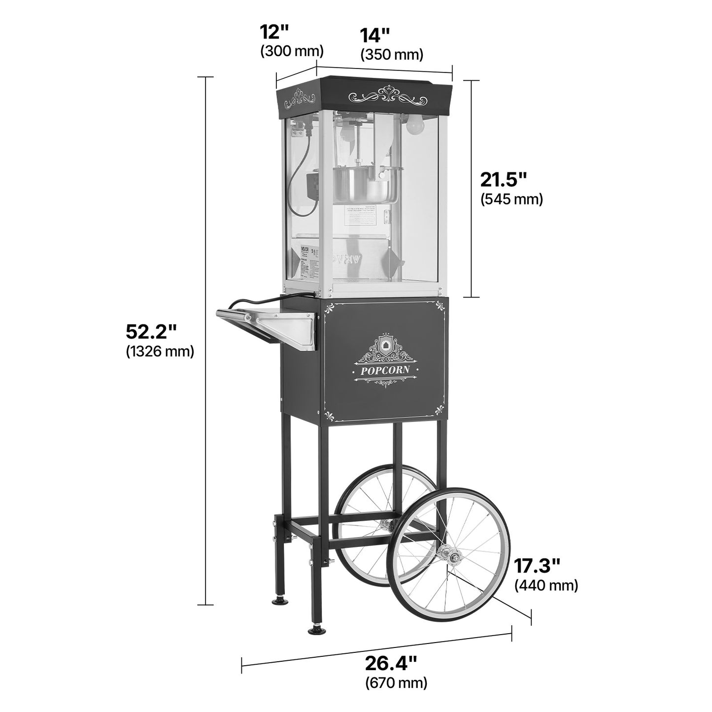 VEVOR Popcorn Machine with Cart 800W 8oz Kettle Maker 48 Cups Black/Red/White