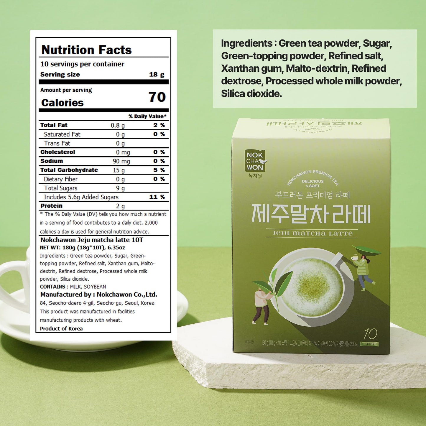 Nokchawon Jeju Matcha Latte Sticks – Creamy Sweet Green Tea with Jeju Matcha, 10 Count