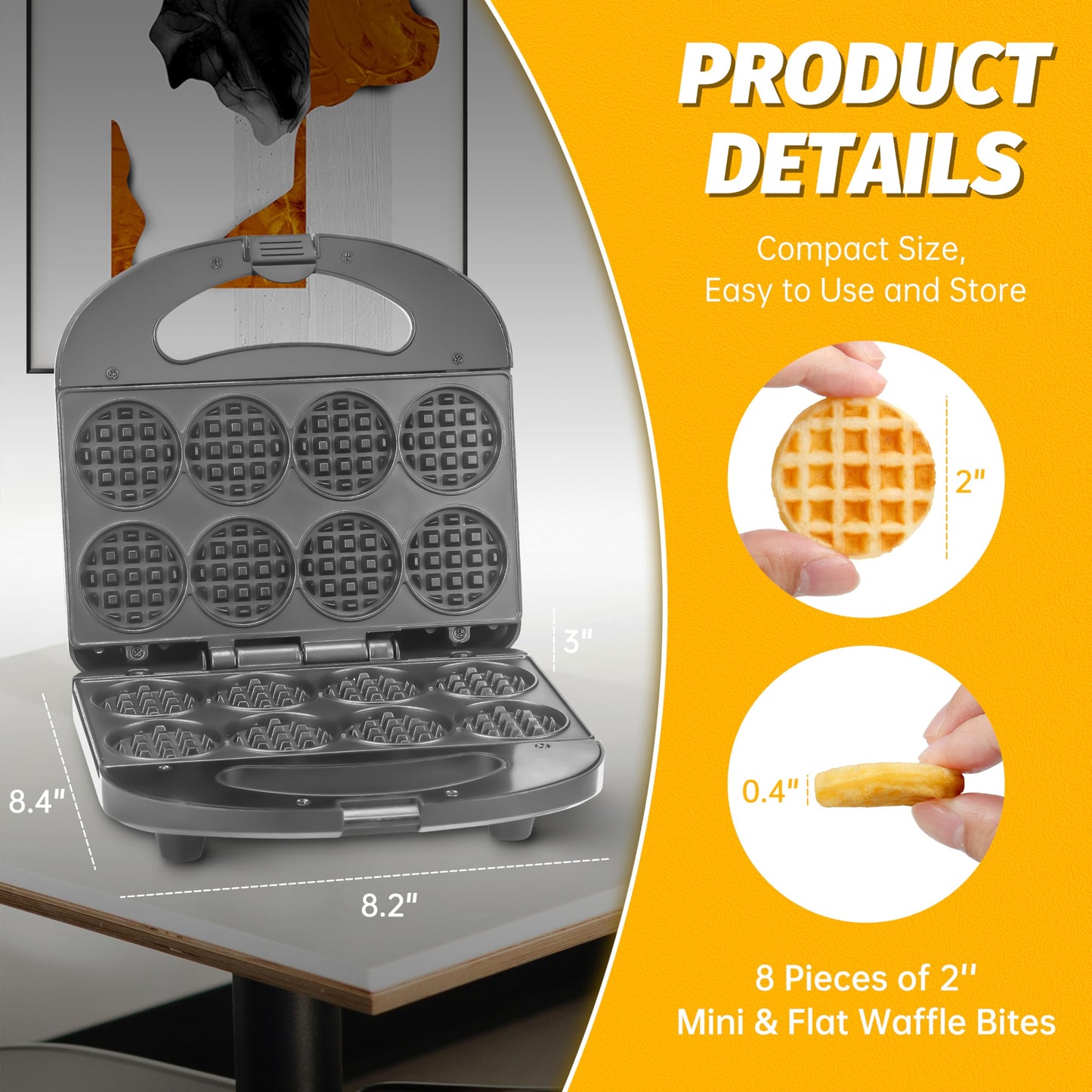 FineMade Mini Waffle Maker, Non-Stick Mini Waffle Iron, Makes 8×2" Tiny Bites
