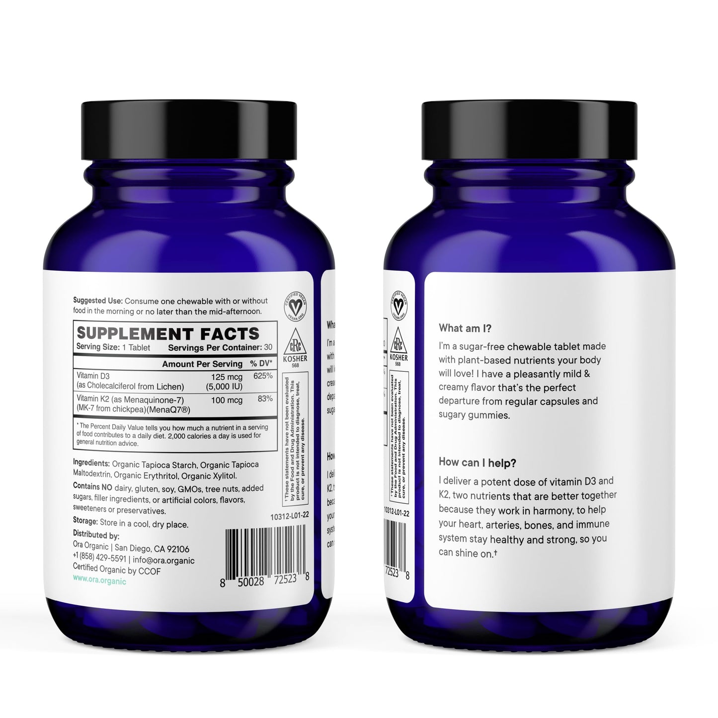 Ora Organic Vitamin D3 + K2 – Vegan Chewables for Bone & Immune Support (30 Tablets)