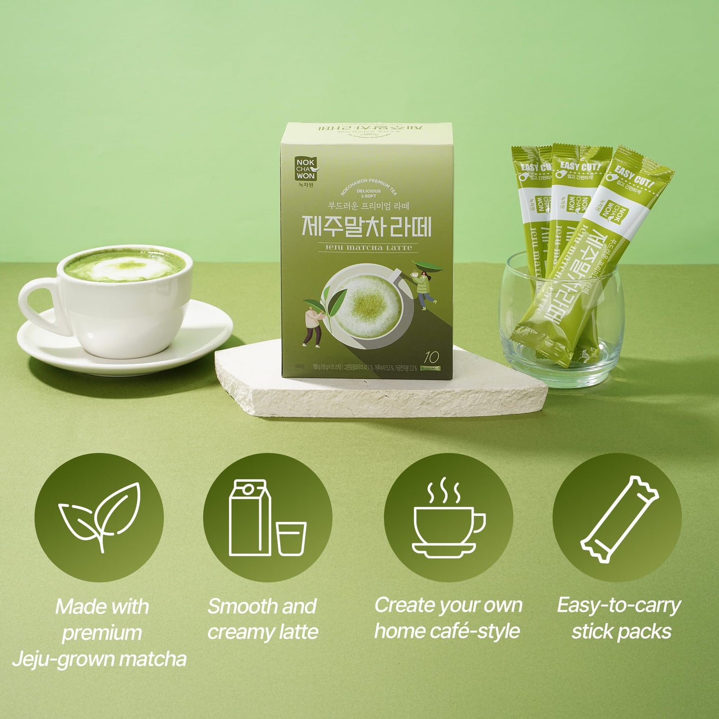 Nokchawon Jeju Matcha Latte Sticks – Creamy Sweet Green Tea with Jeju Matcha, 10 Count