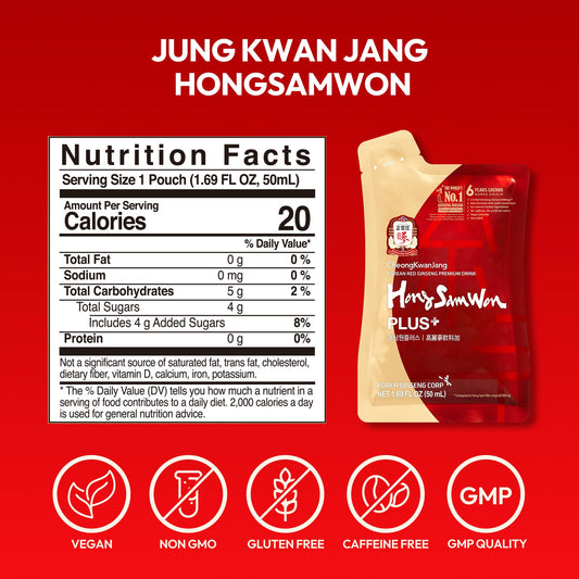 HongSamWon Plus Korean Red Ginseng Herbal Drink by JUNG KWAN JANG – Natural Energy Boost with Jujube & Reishi, Caffeine-Free (30 Pouches)