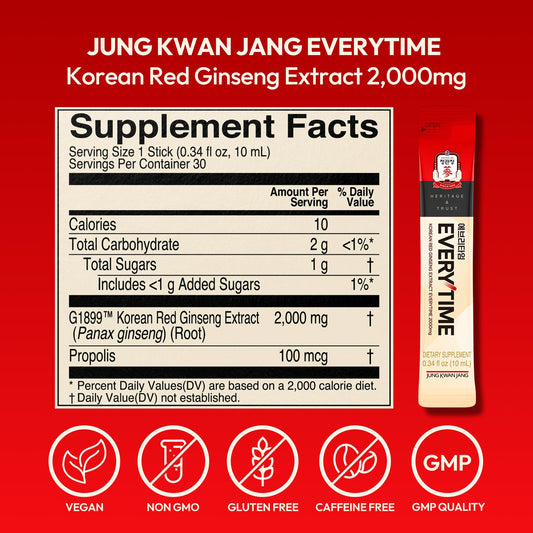 Jung Kwan Jang Everytime – Korean Red Ginseng Energy Sticks (2000mg, 10 Sticks)