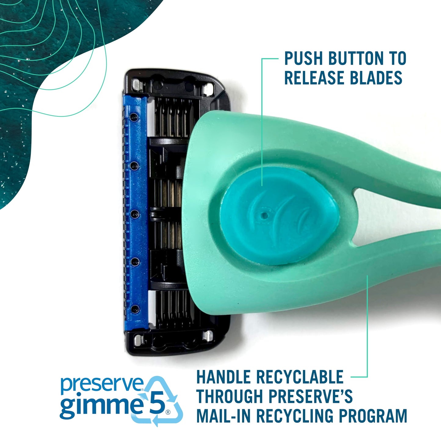 Preserve POPi Shave 5 Razor System Made with Recycled Ocean Plastic and 5-blade cartridge, Neptune Green