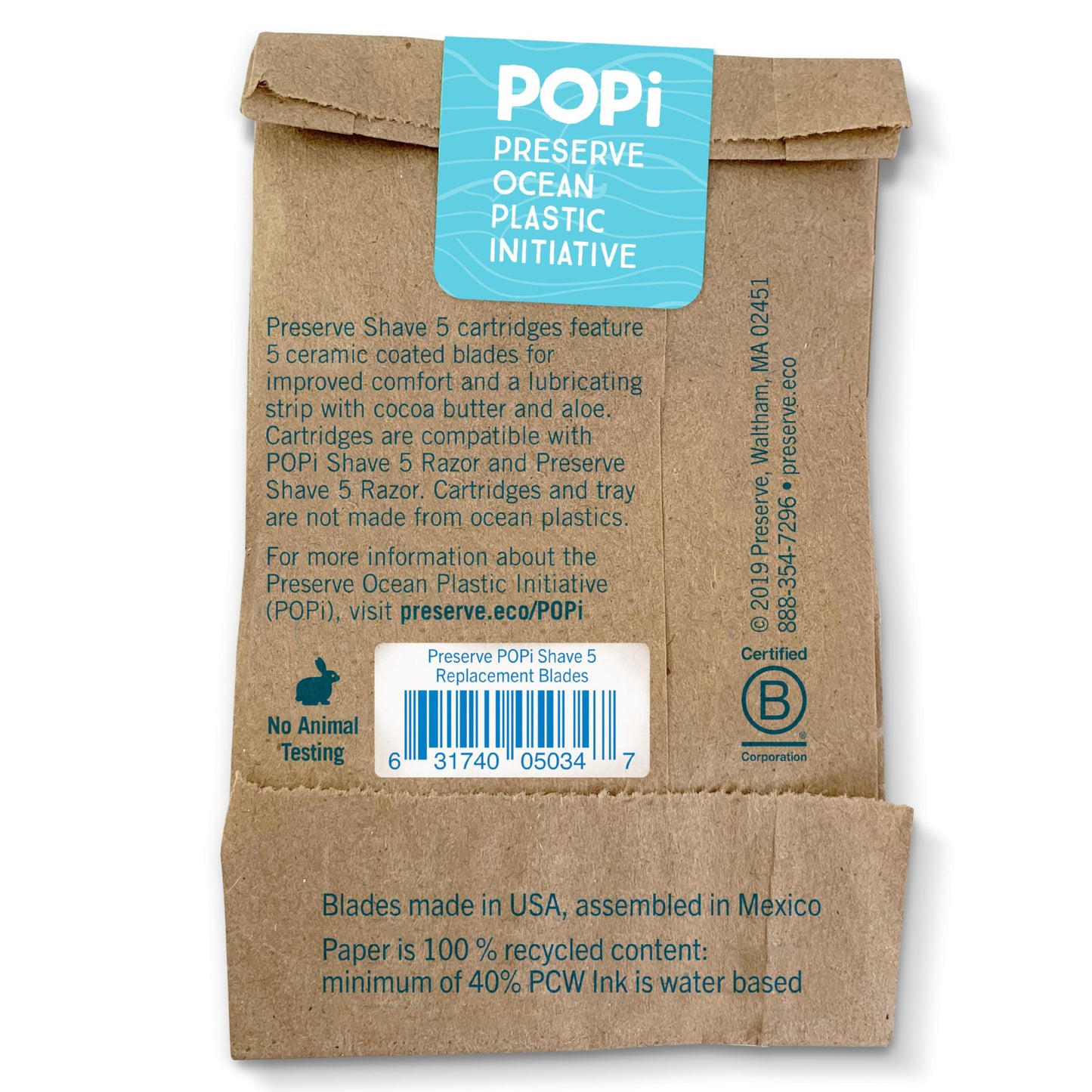 Preserve POPi Shave Razor Blades Refills - 5 Blade Razors for Men & Women - Ceramic Coated Shavers for Comfort with Aloe-Cocoa Butter Strip - Reusable Shaving Refill - 8 Pack