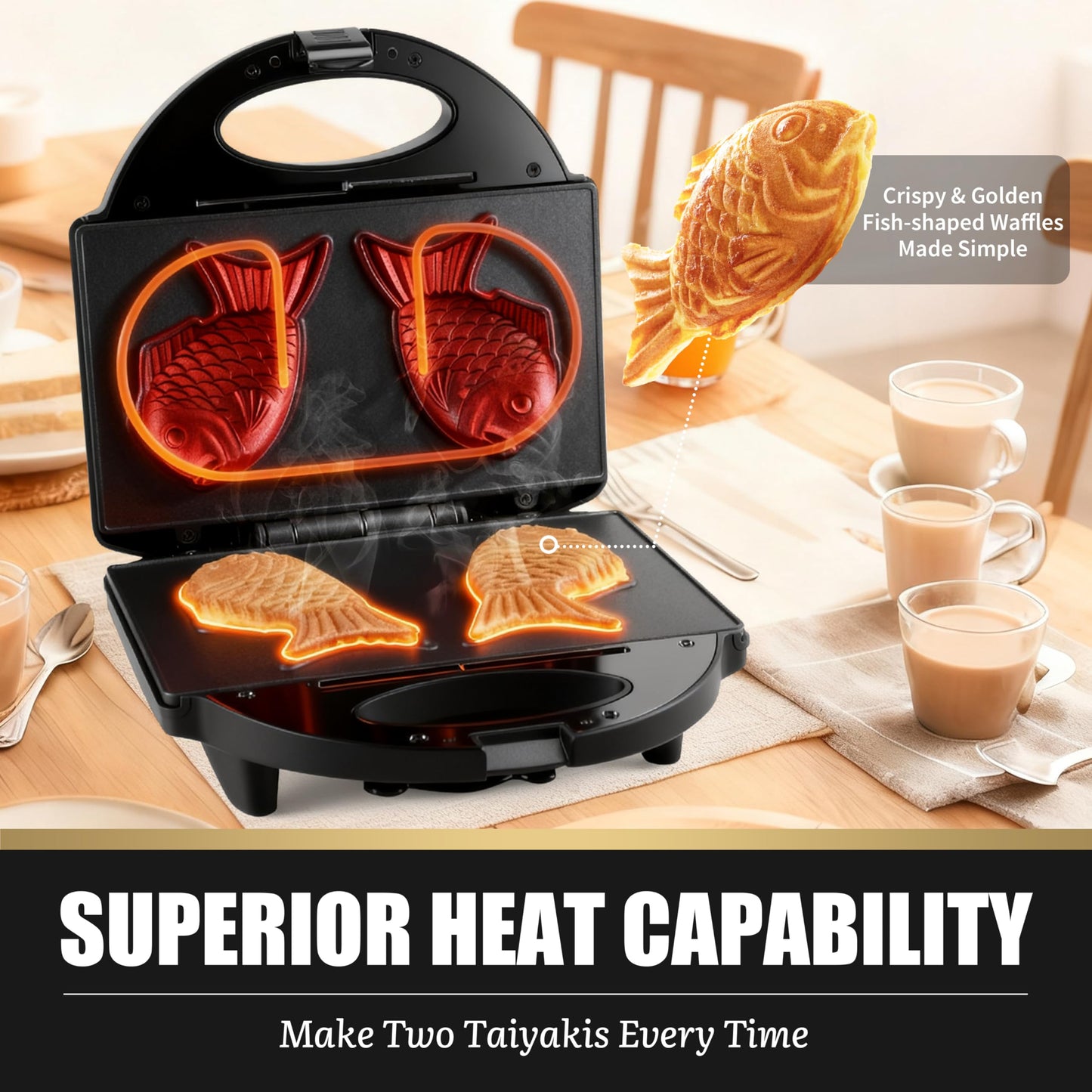 Electric Taiyaki Maker, Non-Stick Fish Shaped Waffle Iron Pan with Recipe