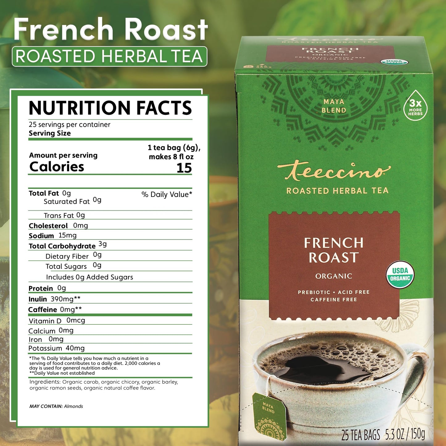 Teeccino French Roast – Caffeine-Free Coffee Alternative (25 Bags)