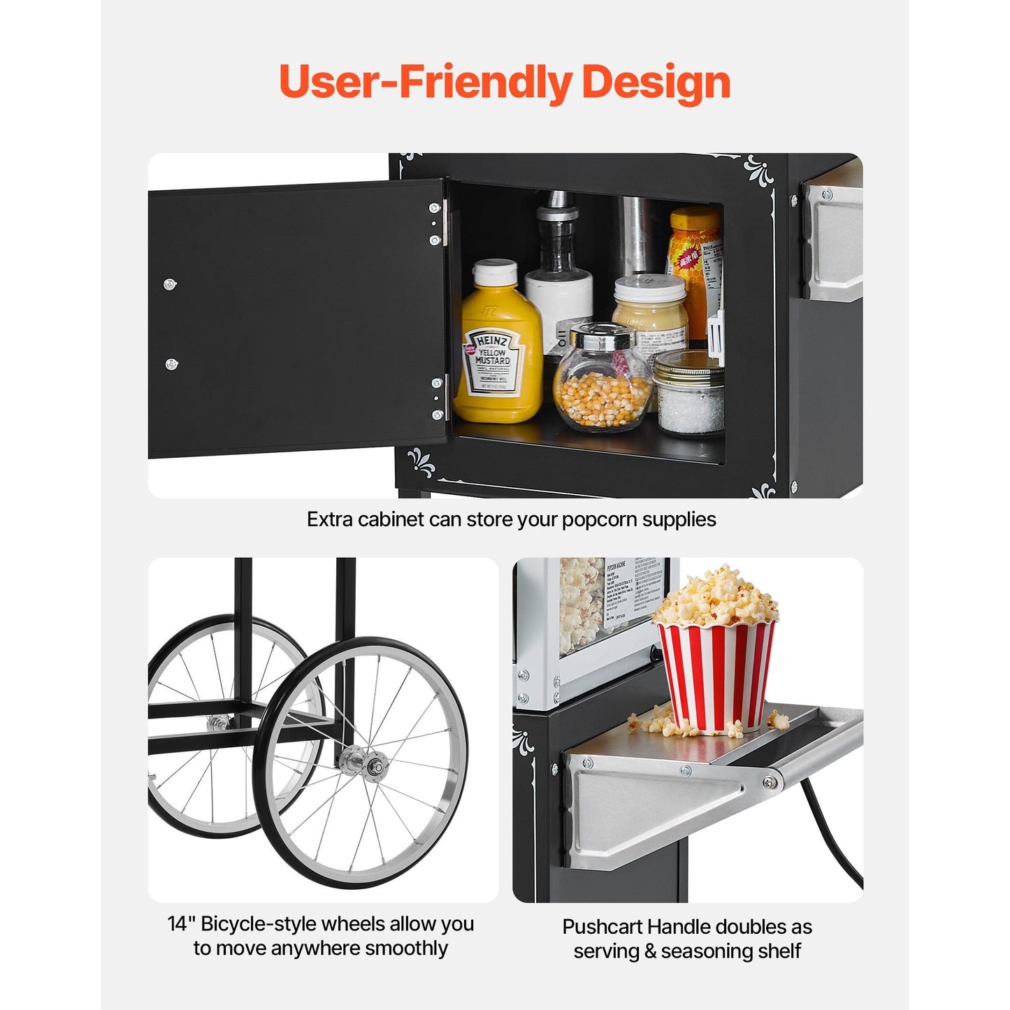VEVOR Popcorn Machine with Cart 800W 8oz Kettle Maker 48 Cups Black/Red/White