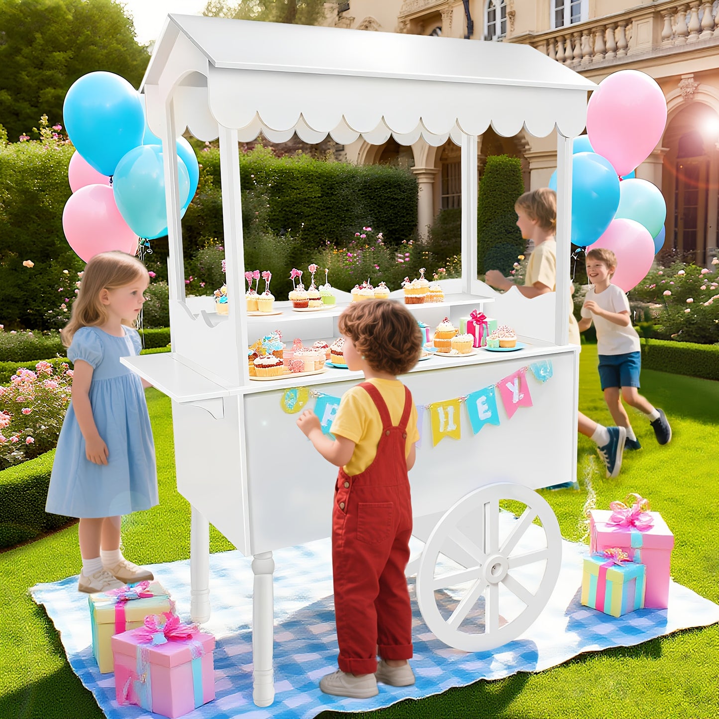 Candy Cart with Wheels – Wooden Dessert Display Stand for Indoor/Outdoor Use