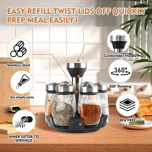 6-Pot Spice Rack Tower – 360° Rotating Kitchen Organizer with Glass Jars, Countertop Storage