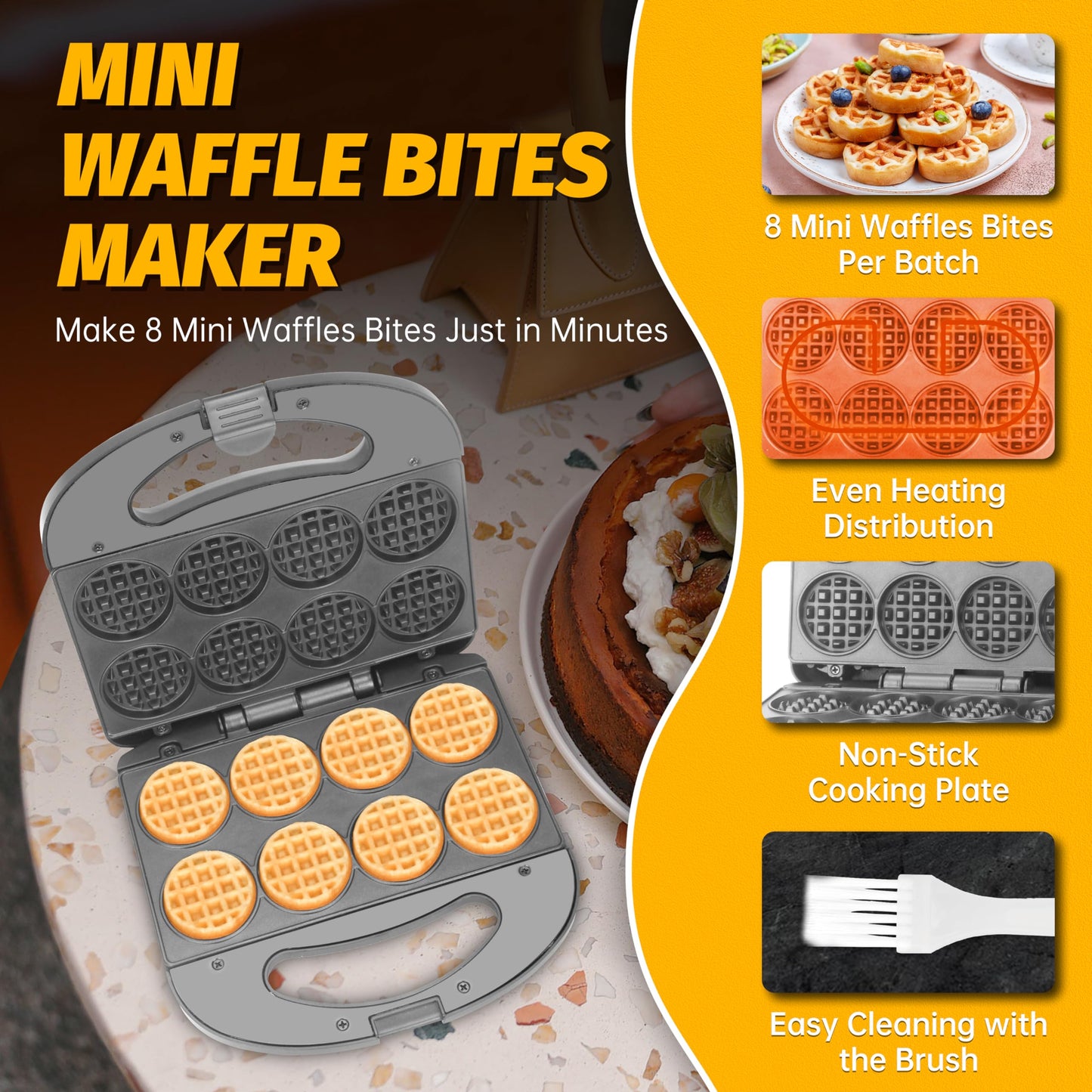 FineMade Mini Waffle Maker, Non-Stick Mini Waffle Iron, Makes 8×2" Tiny Bites