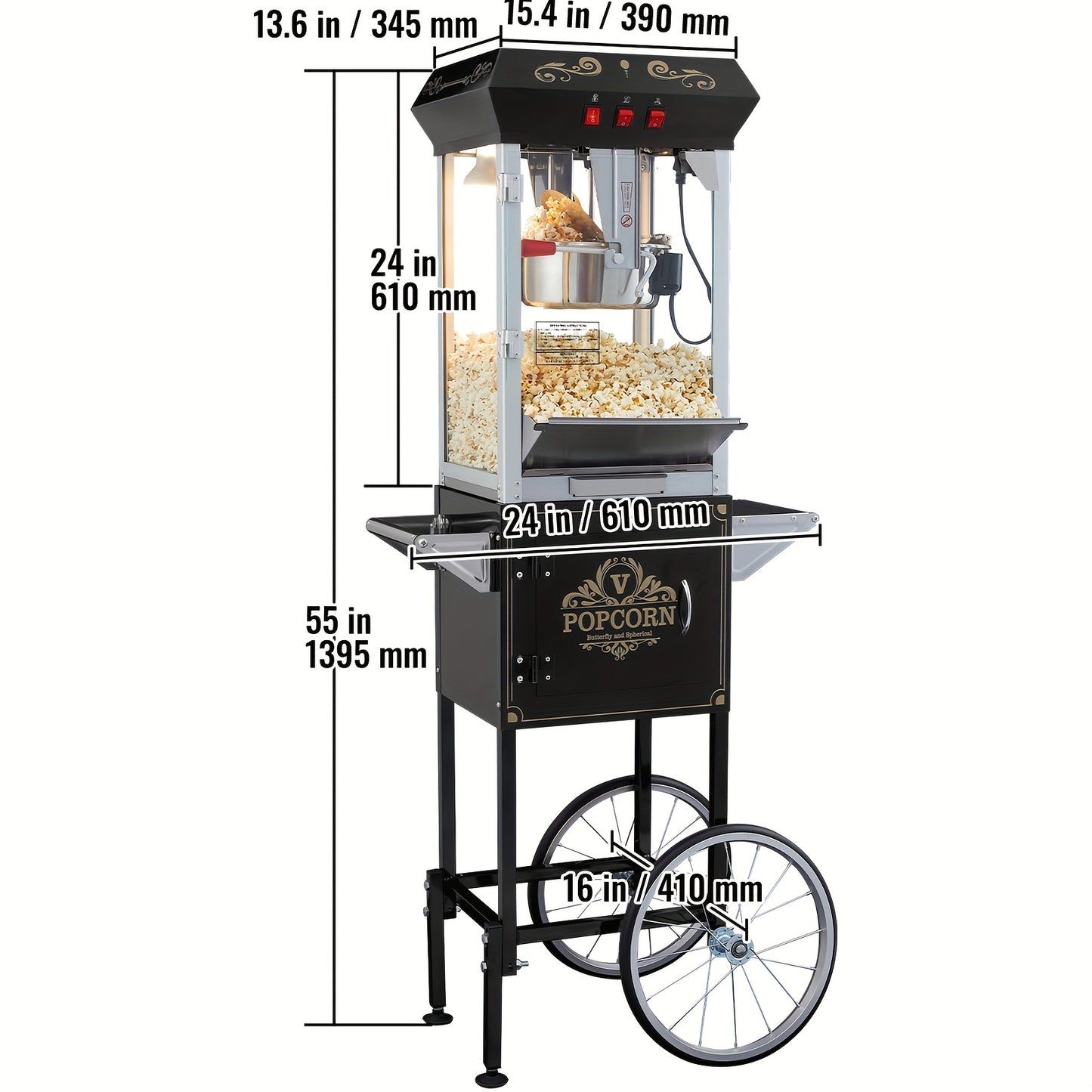 Happybuy Popcorn Popper Machine with Cart, 8 Oz Kettle, 48 Cups, 850W, Black