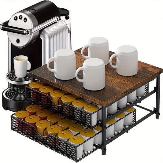 Black Wood & Iron Coffee Rack – K-Cup Holder with Double Drawers, Coffee Station Organizer