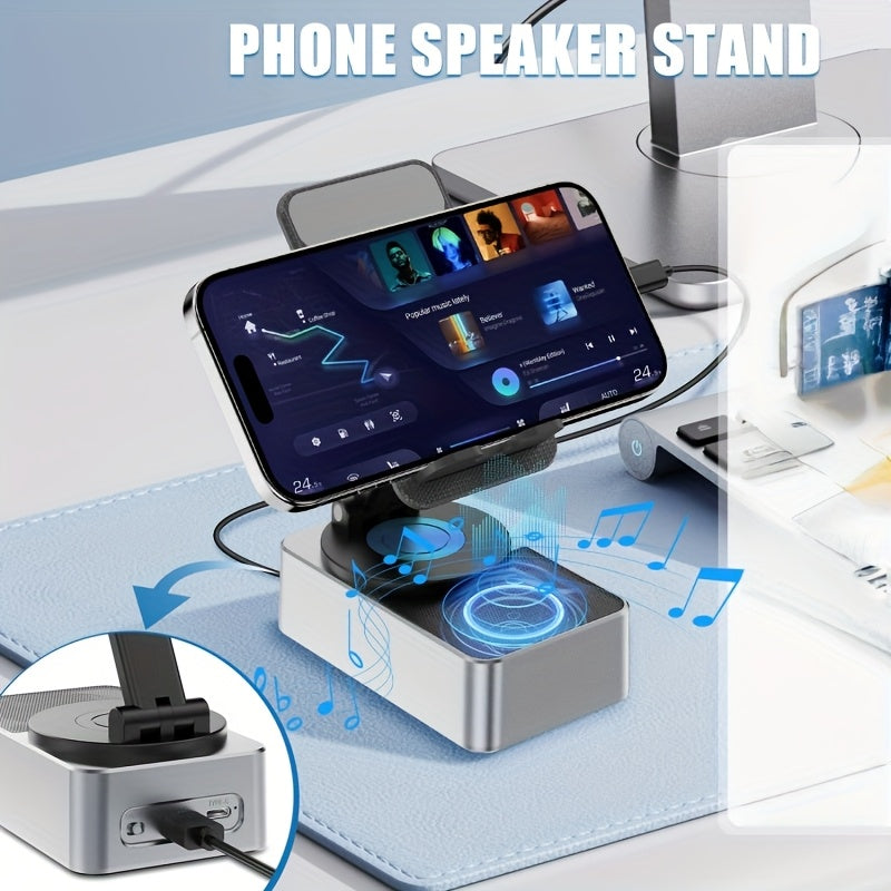 Portable 5-in-1 Wireless Speaker with Phone Holder, 1500mAh, Stereo Sound, Adjustable USB Desktop Stand