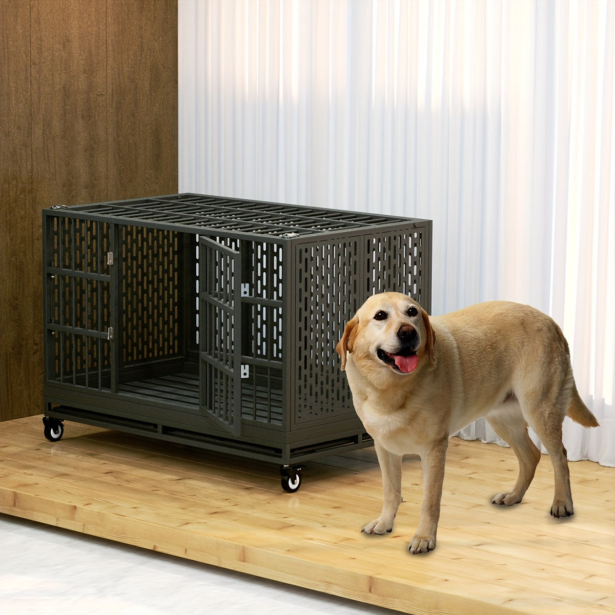 54/48/42/38 Inch Heavy Duty Dog Crate | XL XXL Folding Metal Cage w/ Wheels & Tray