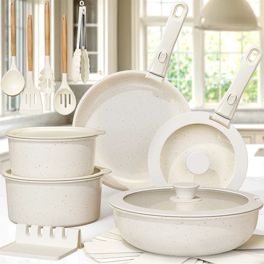 21-Piece Non-Stick Ceramic Pots & Pans Set – Astercook with Sensor Handles – Milky White