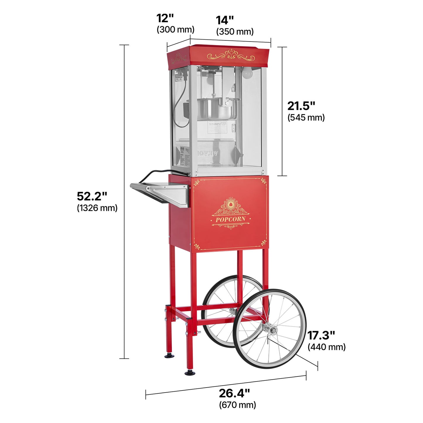 VEVOR Popcorn Machine with Cart 800W 8oz Kettle Maker 48 Cups Black/Red/White