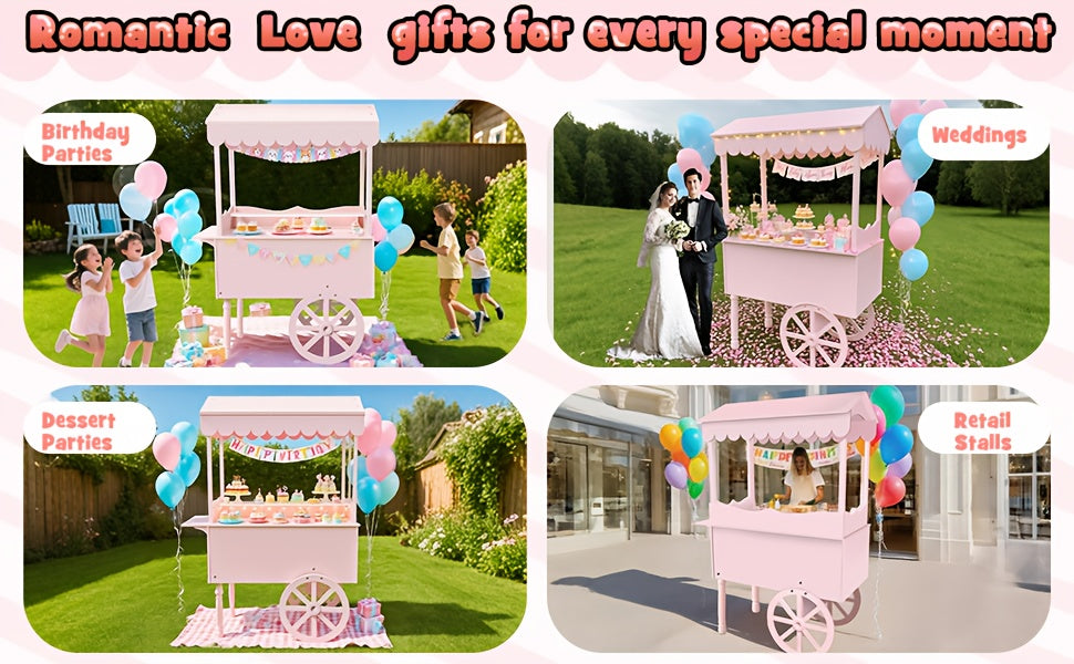 Candy Cart with Wheels – Wooden Dessert Display Stand for Indoor/Outdoor Use