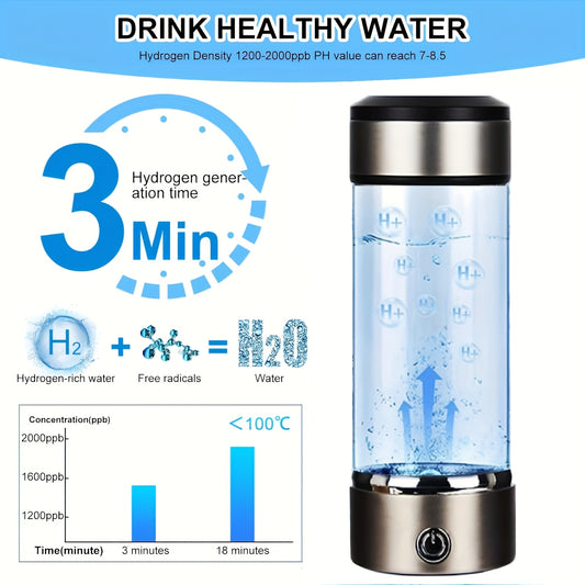 Hydrogen Water Bottle Portable SPE PEM Generator, Quick Electrolysis, Rechargeable 420ml