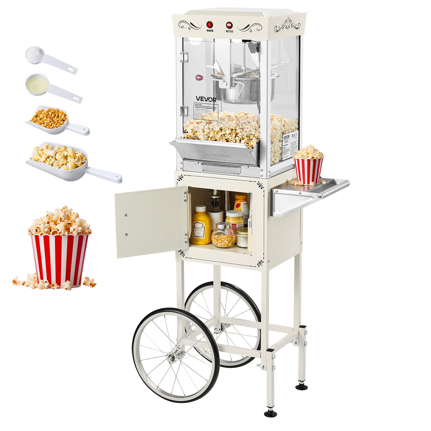 VEVOR Popcorn Machine with Cart 800W 8oz Kettle Maker 48 Cups Black/Red/White