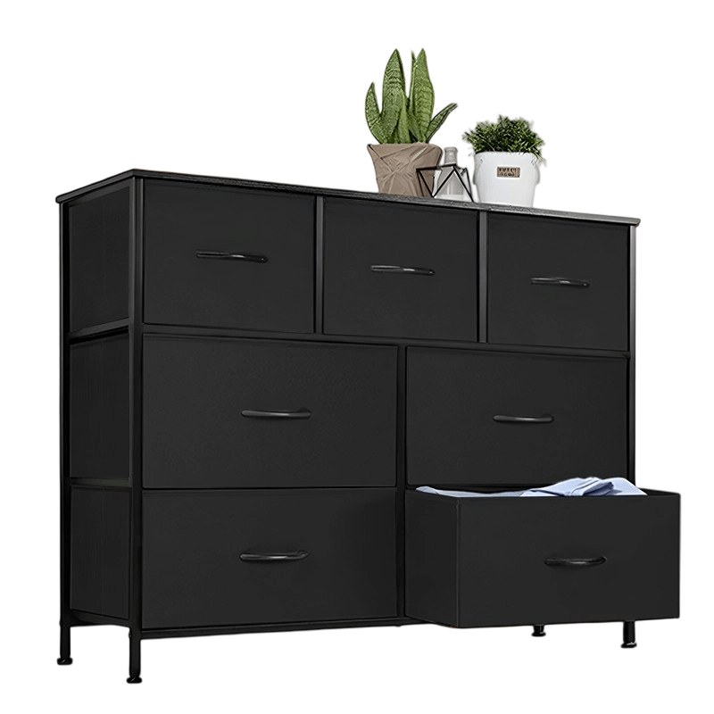 7-Grid Fabric Drawer Organizer – Metal Frame, Wooden Top, Multi-Room Storage Solution