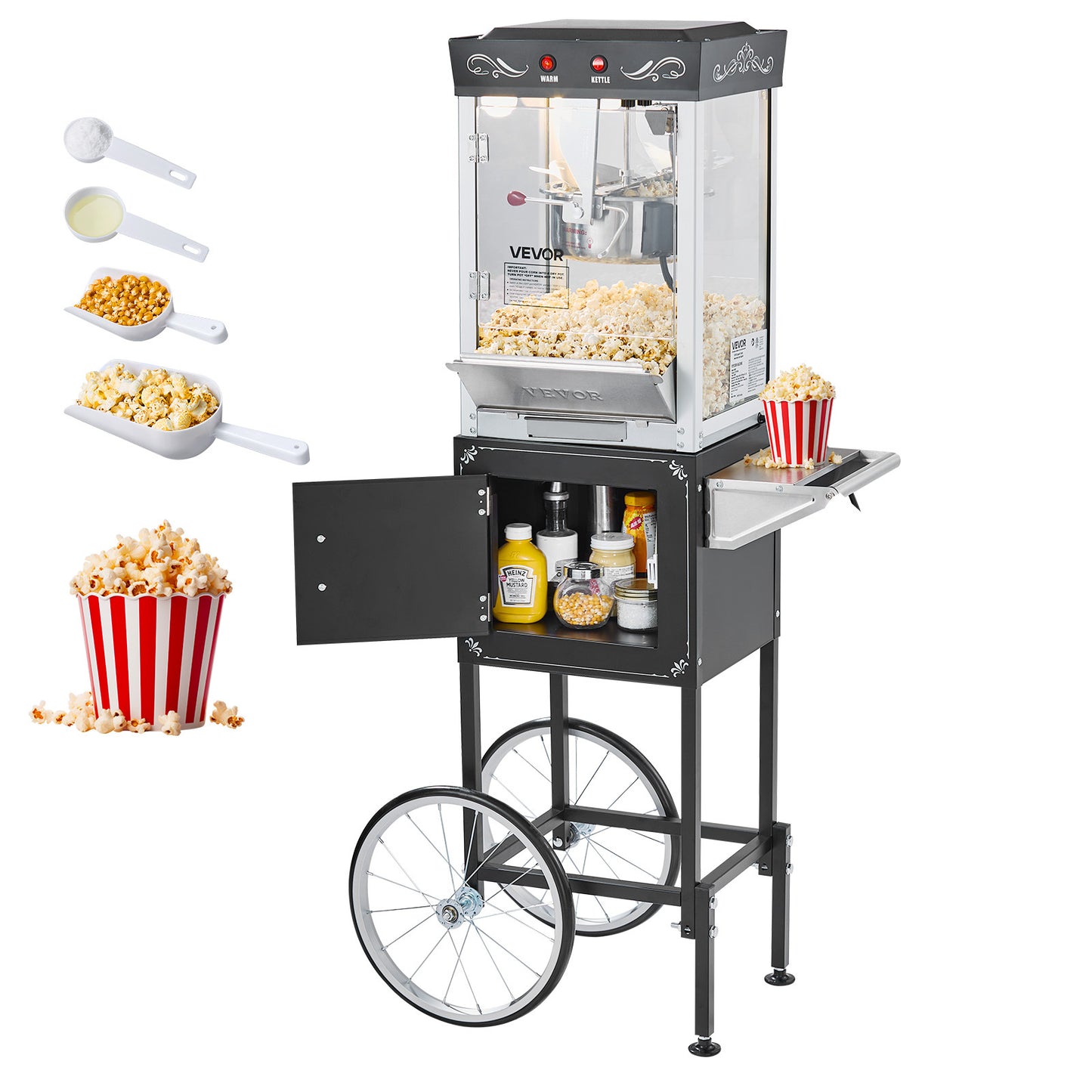 VEVOR Popcorn Machine with Cart 800W 8oz Kettle Maker 48 Cups Black/Red/White