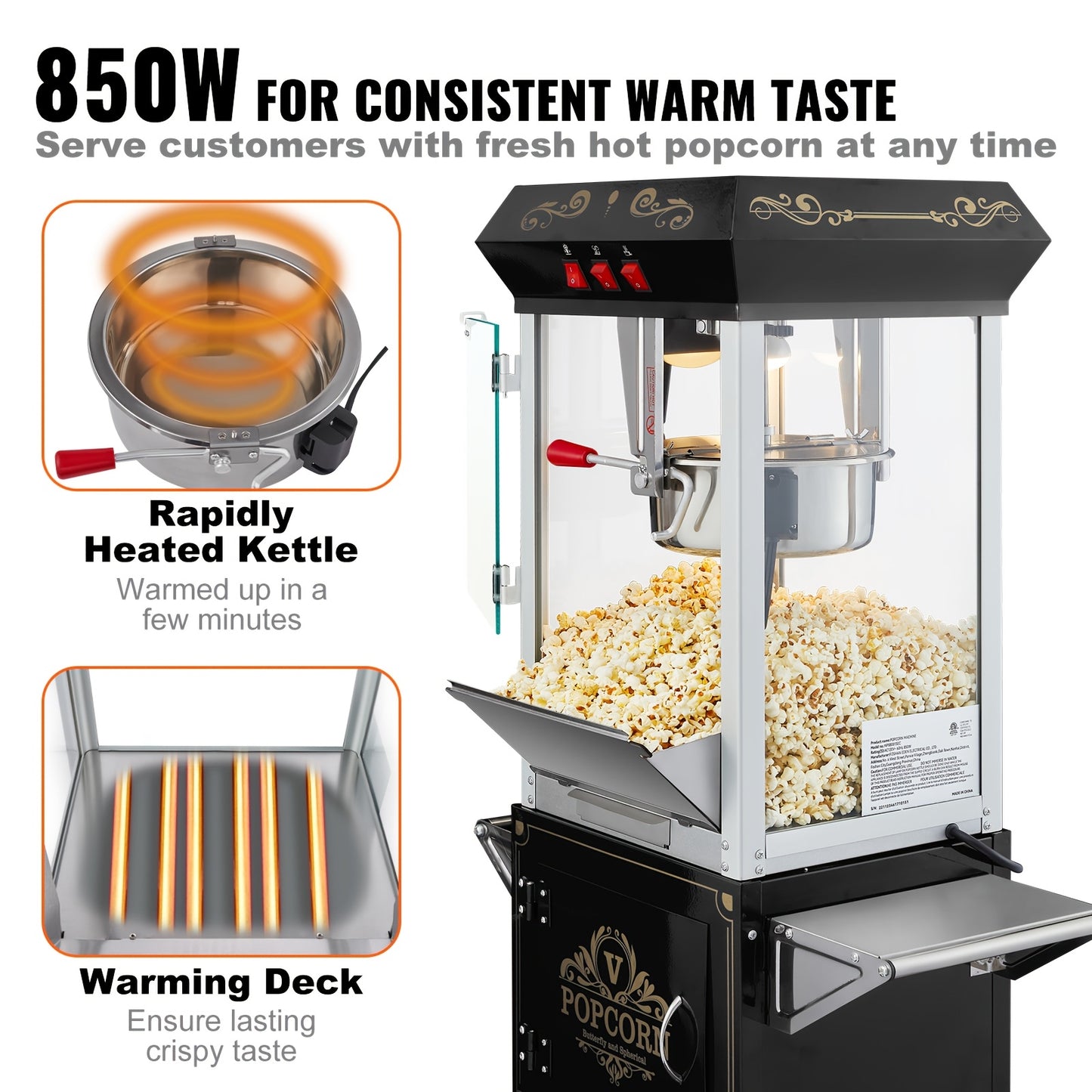 Happybuy Popcorn Popper Machine with Cart, 8 Oz Kettle, 48 Cups, 850W, Black