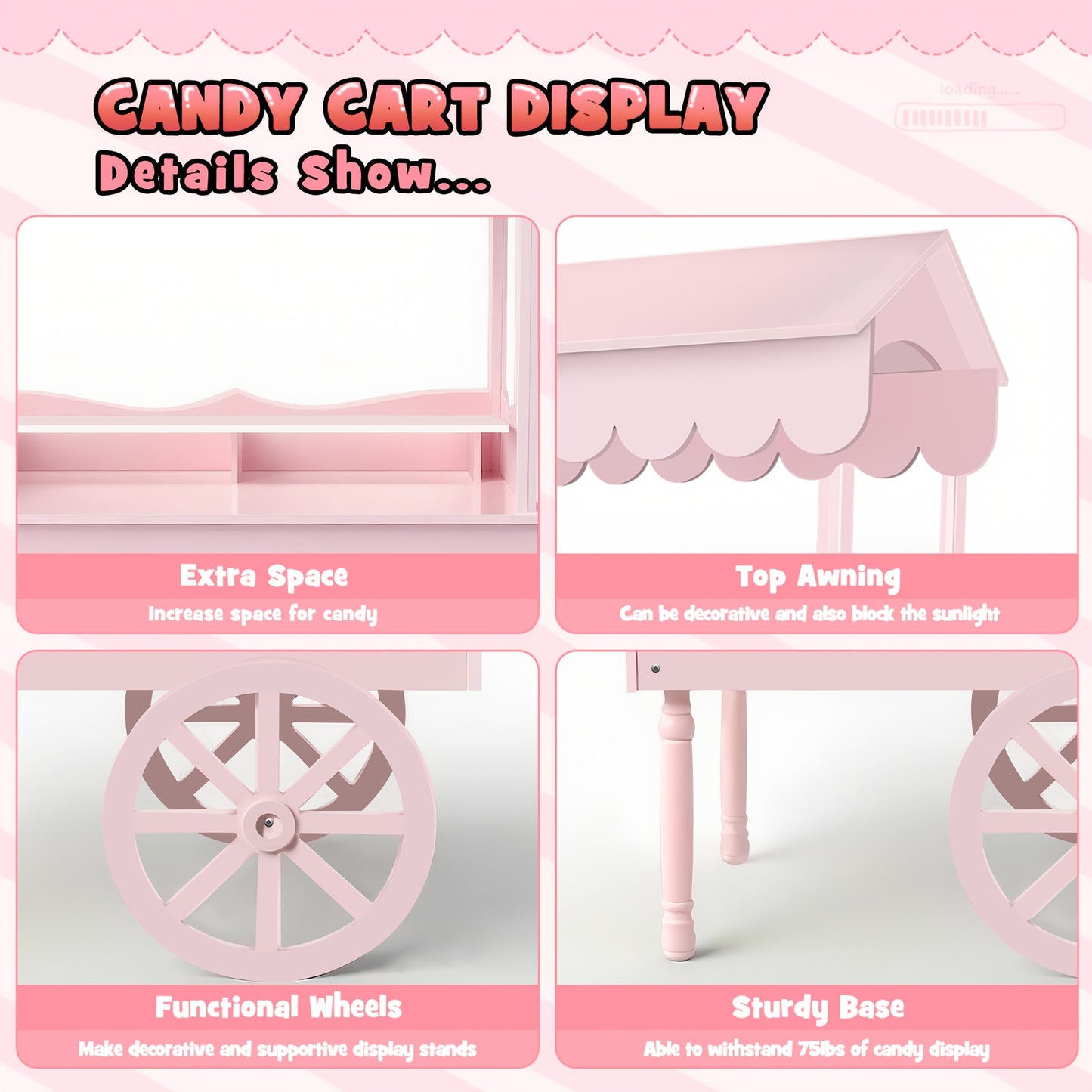 Candy Cart with Wheels – Wooden Dessert Display Stand for Indoor/Outdoor Use