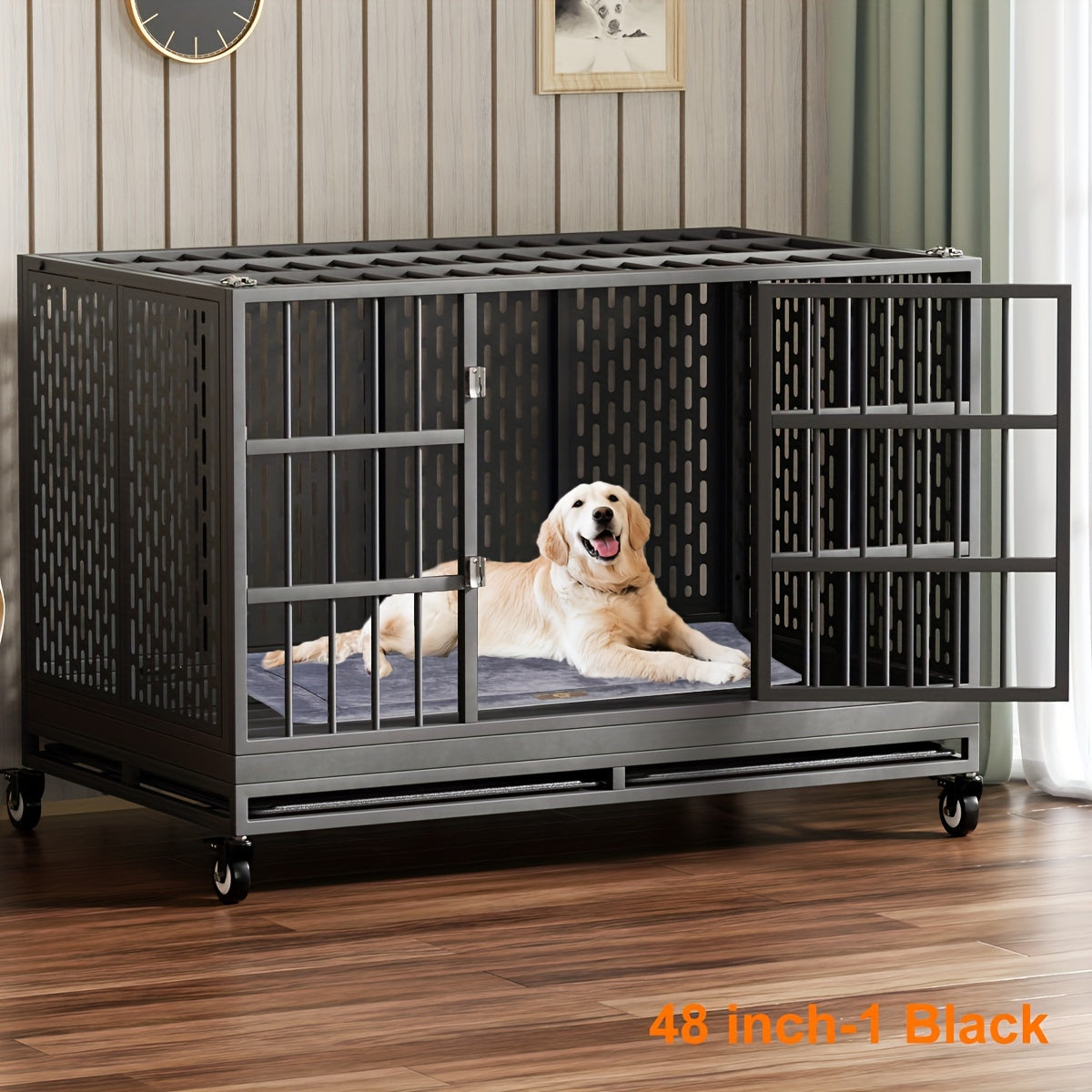 54/48/42/38 Inch Heavy Duty Dog Crate | XL XXL Folding Metal Cage w/ Wheels & Tray