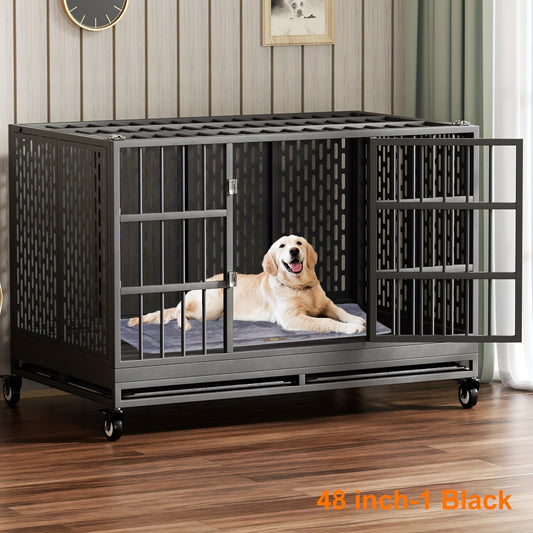 54/48/42/38 Inch Heavy Duty Dog Crate | XL XXL Folding Metal Cage w/ Wheels & Tray
