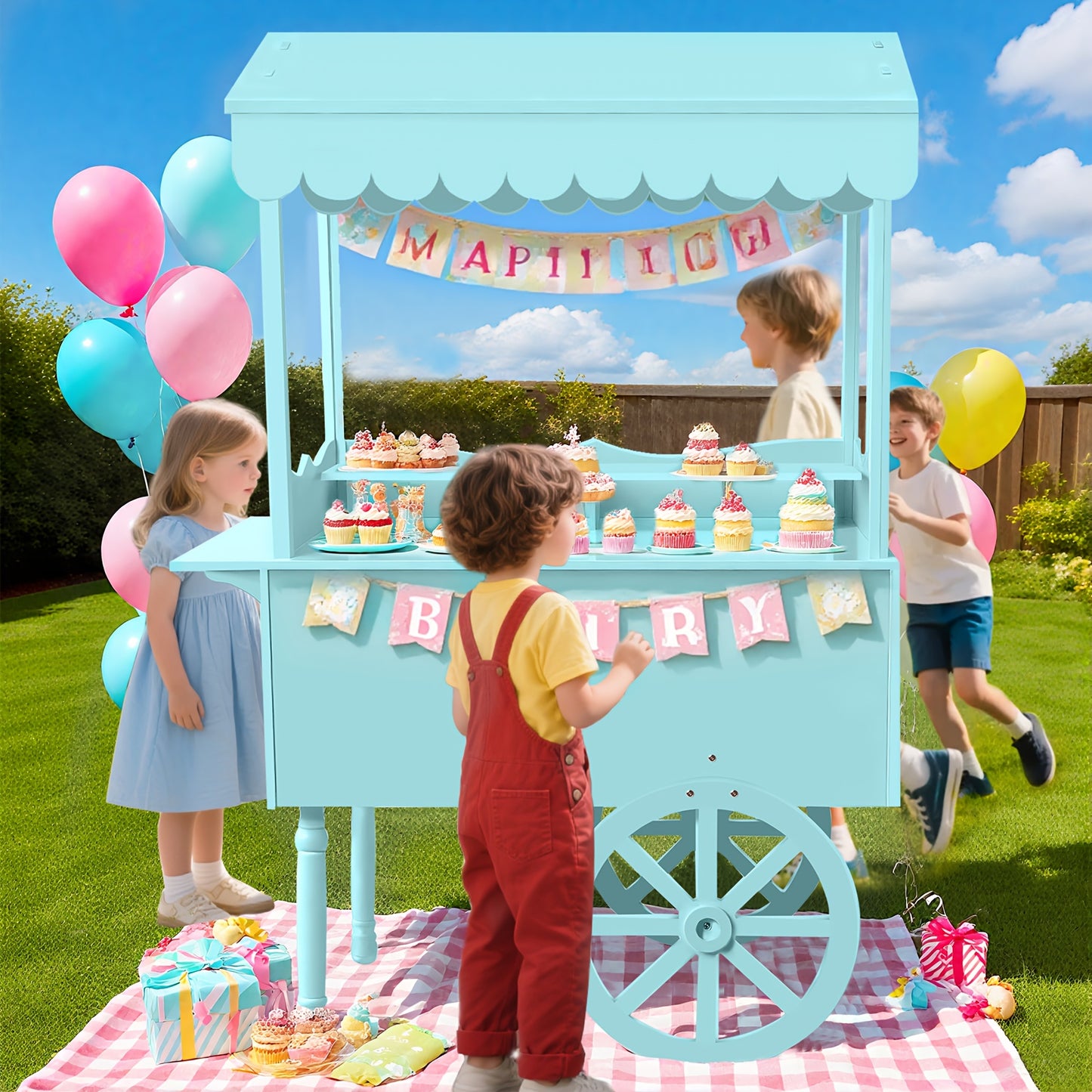 Candy Cart with Wheels – Wooden Dessert Display Stand for Indoor/Outdoor Use