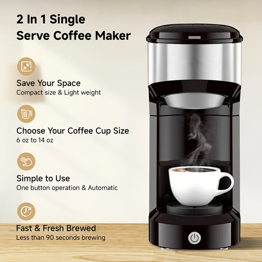 Single-Serve Coffee Maker – For K-Cup & Ground Coffee, Built-in Water Tank, Compact Brewer