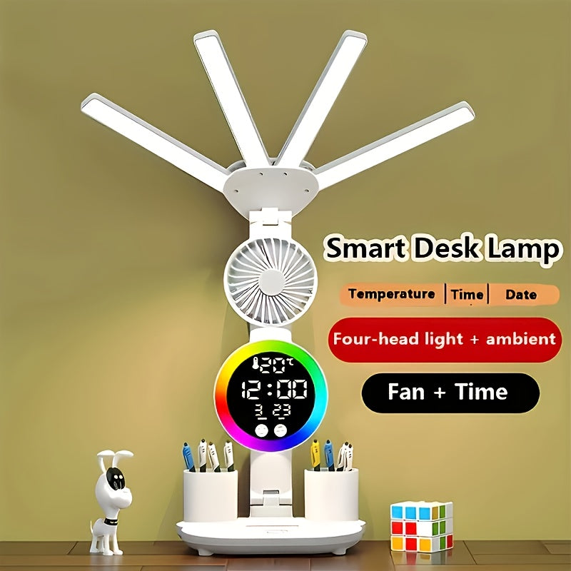 Smart Touch LED Desk Lamp – Dual Head, Dimmable, USB Powered with Fan & Night Light, Eye Protection for Home, Office & Dorm Study