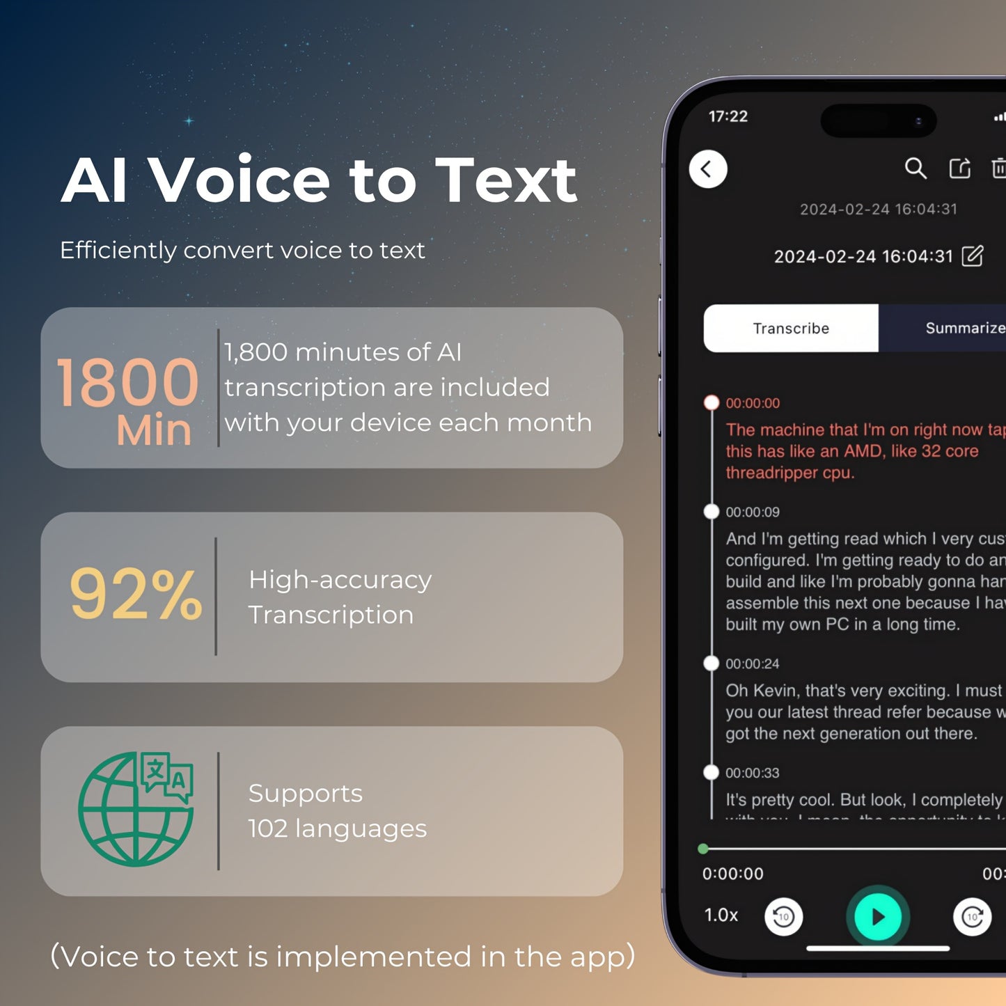 AI Digital Voice Recorder – Voice-to-Text, Translation, GPT-4o Summary, 64GB