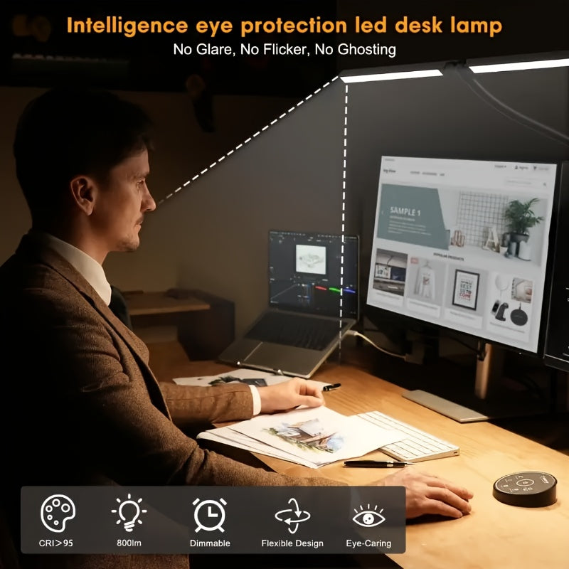 LED Desk Lamp Dual Head Adjustable Gooseneck USB Powered Anti-Glare Metal