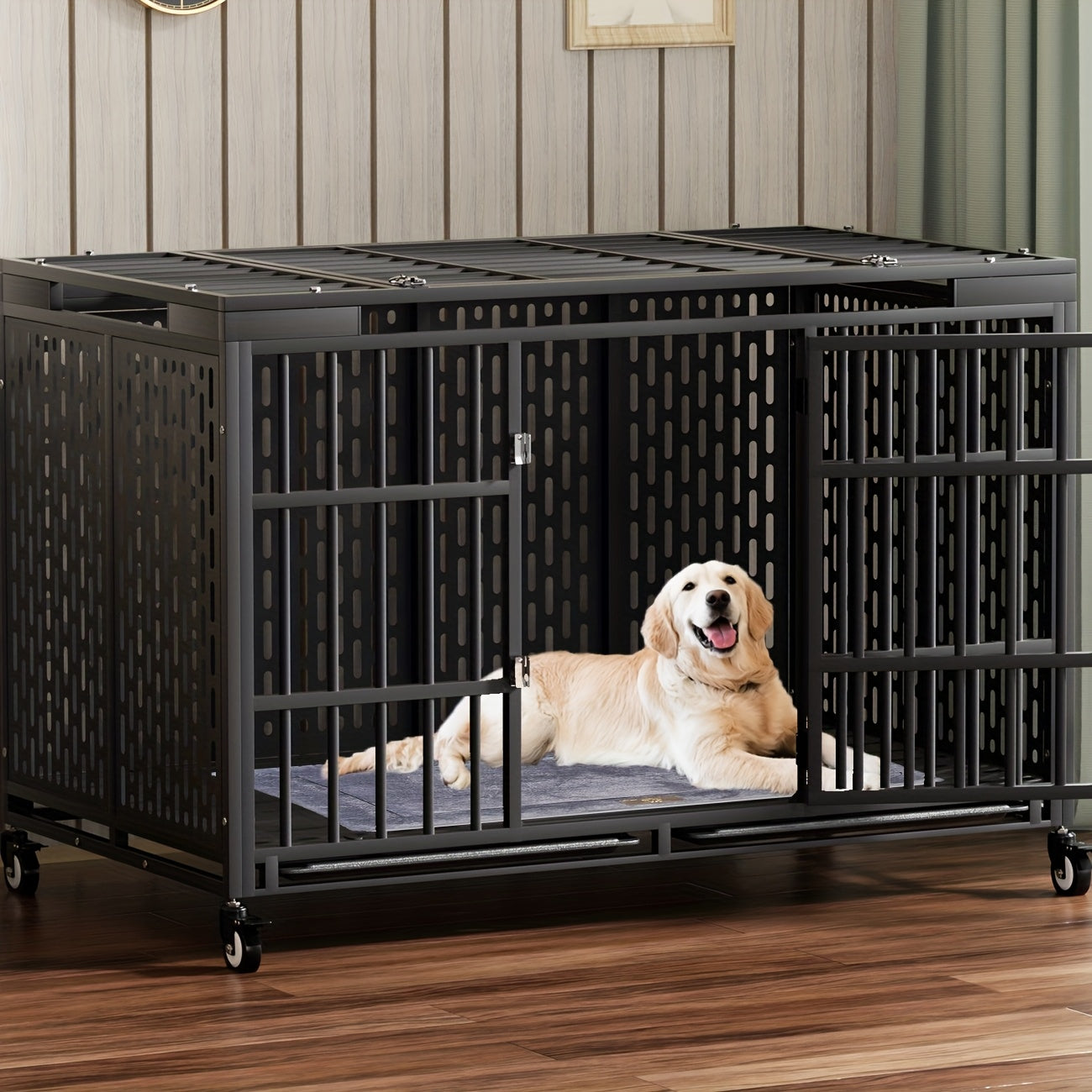 54/48/42/38 Inch Heavy Duty Dog Crate | XL XXL Folding Metal Cage w/ Wheels & Tray