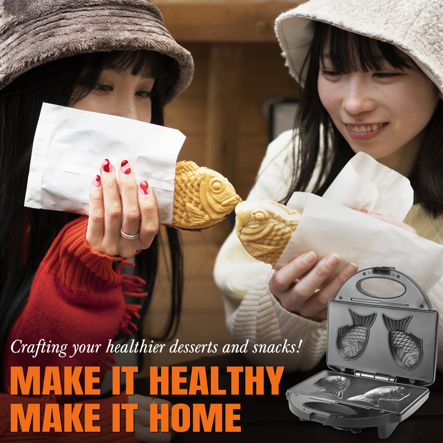 Electric Taiyaki Fish Waffle Maker Non-Stick Korean Bungeoppang Pan with Recipe