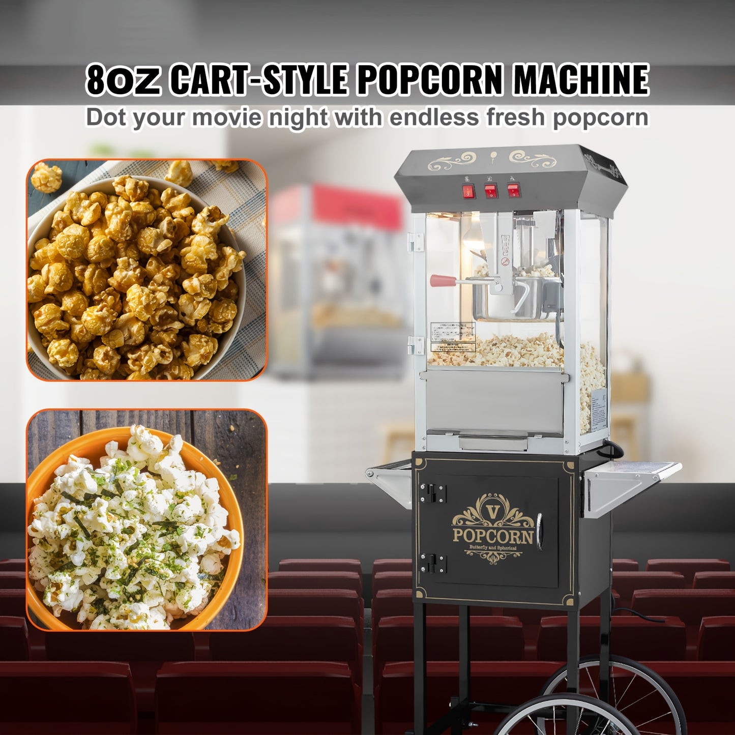Happybuy Popcorn Popper Machine with Cart, 8 Oz Kettle, 48 Cups, 850W, Black