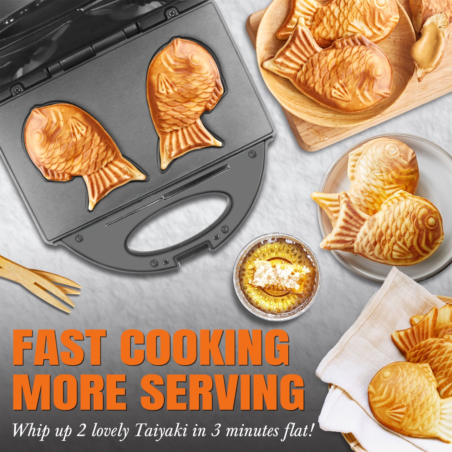 Electric Taiyaki Fish Waffle Maker Non-Stick Korean Bungeoppang Pan with Recipe